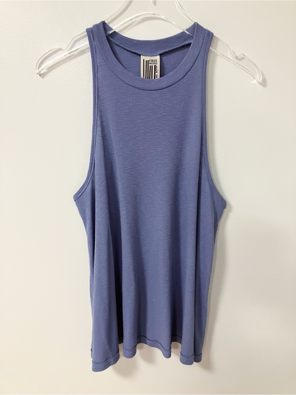 Free People | Blue Distressed Ribbed Tank Top L Boho Minimalist Neutral Staple